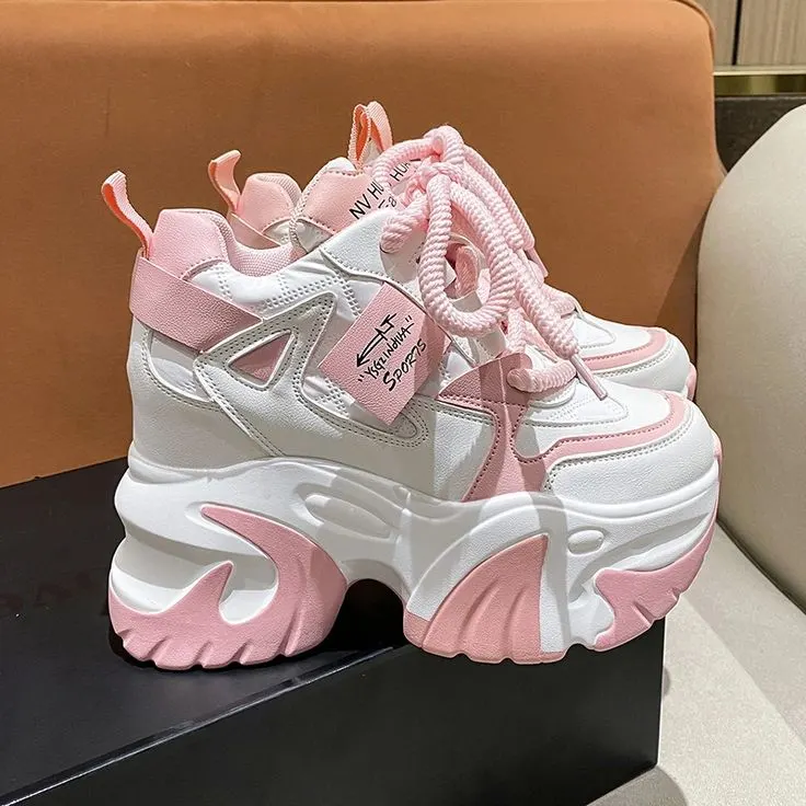 White & Pink Chunky Platform Sneakers